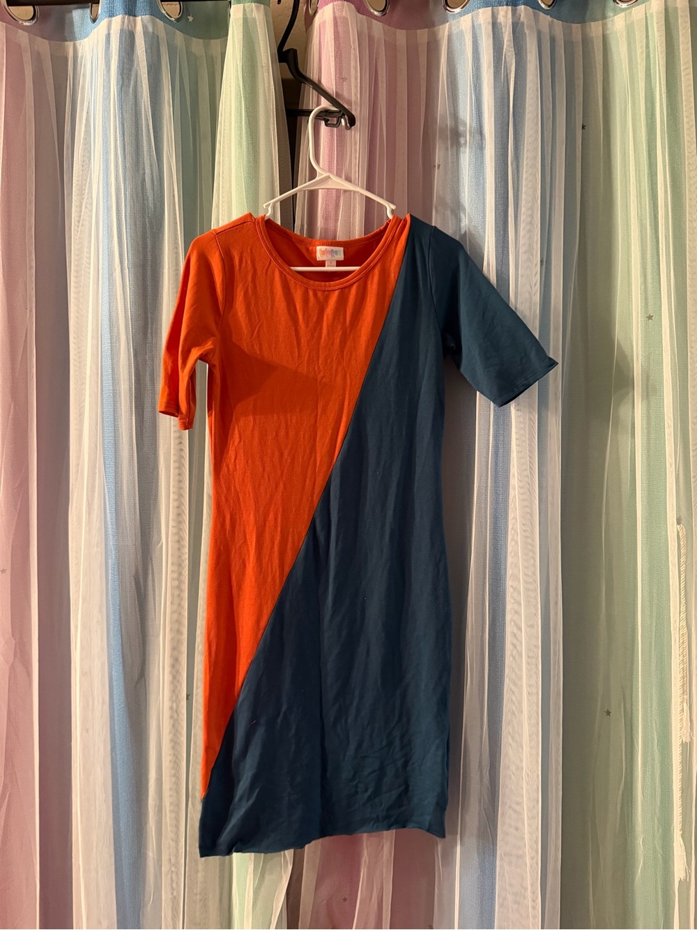 LuLaRoe Orange and Navy Diagonal Midi Dress